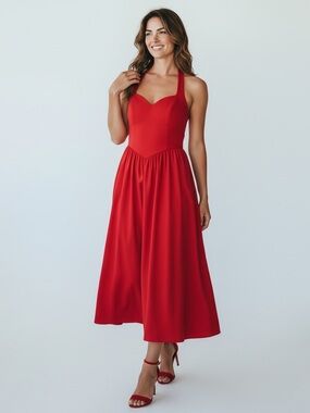 Halter Red Midi dress with pockets